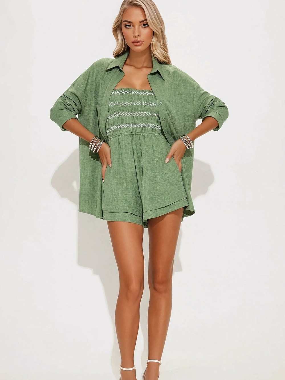 Strapless Smocked Green Romper Set - NWOT - Picture 3 of 11